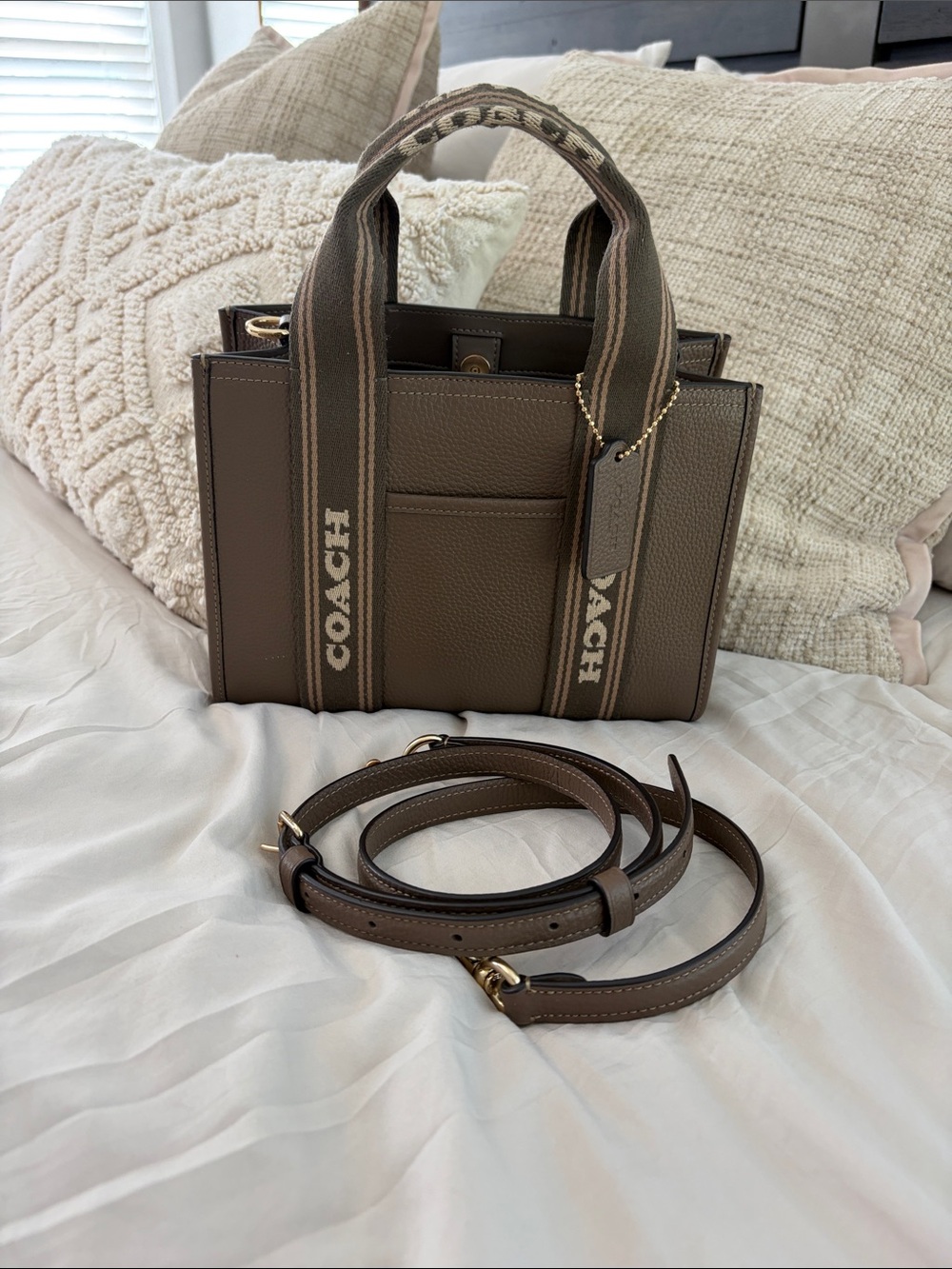 Coach Smith Tote 24 Brown Pebble Leather Crossbody with Logo Webbing
